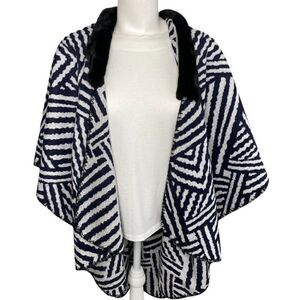 LOFT Cardigan Wrap Women's MEDIUM Blue Black Zebra Faux-Fur Collar‎ Draped NWOT